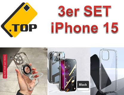 iPhone 15 Top 3er Set (Privacy Snap Case + Transparent Case + Frameless Case)